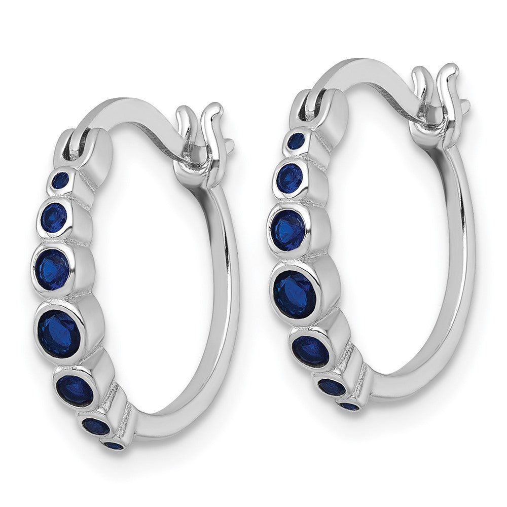 Sterling Silver Rhodium-Plated Graduated Lab Cr. Sapphire Hoop Earrings