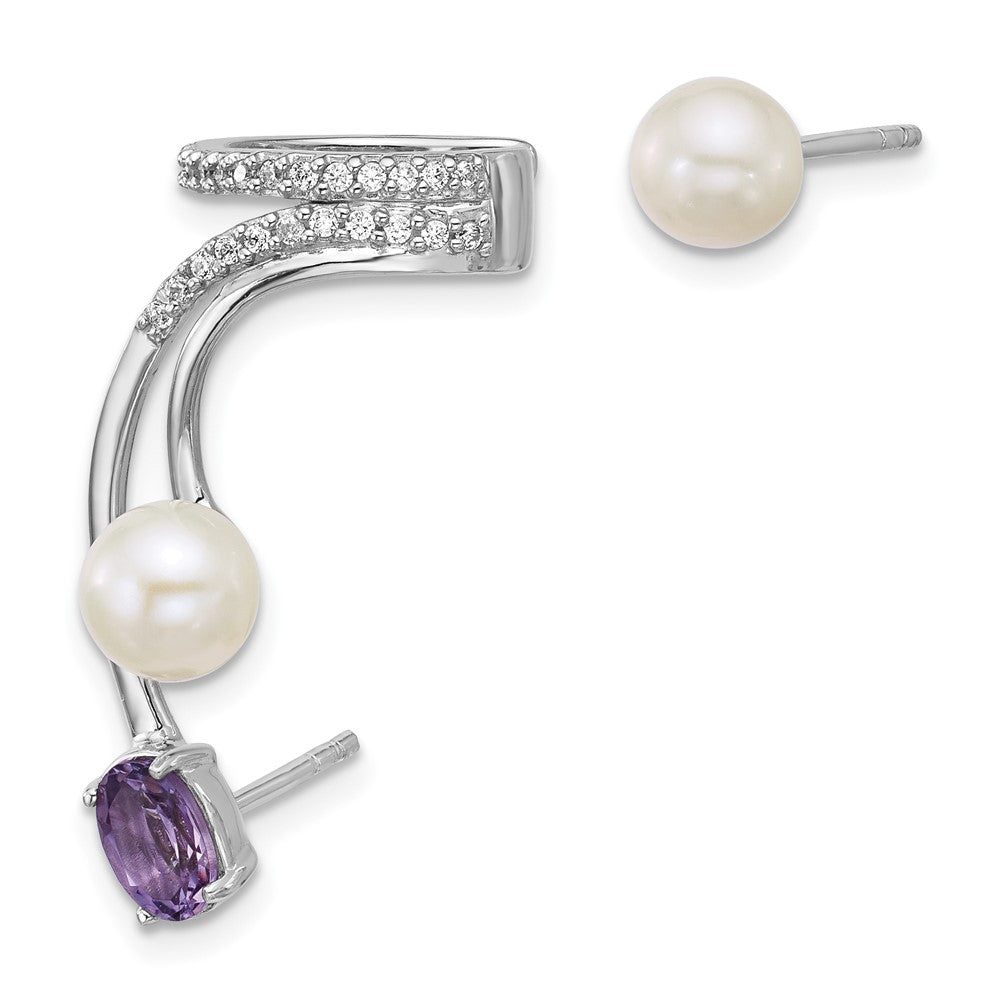 Sterling Silver Rhodium Plated CZ Fwc Pearl Amethyst Post and Cuff Asymmetric Earrings