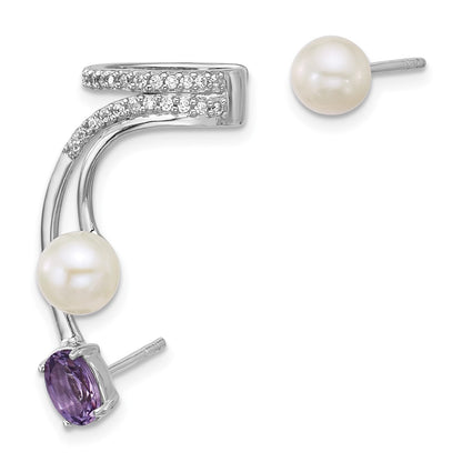 Sterling Silver Rhodium Plated CZ Fwc Pearl Amethyst Post and Cuff Asymmetric Earrings