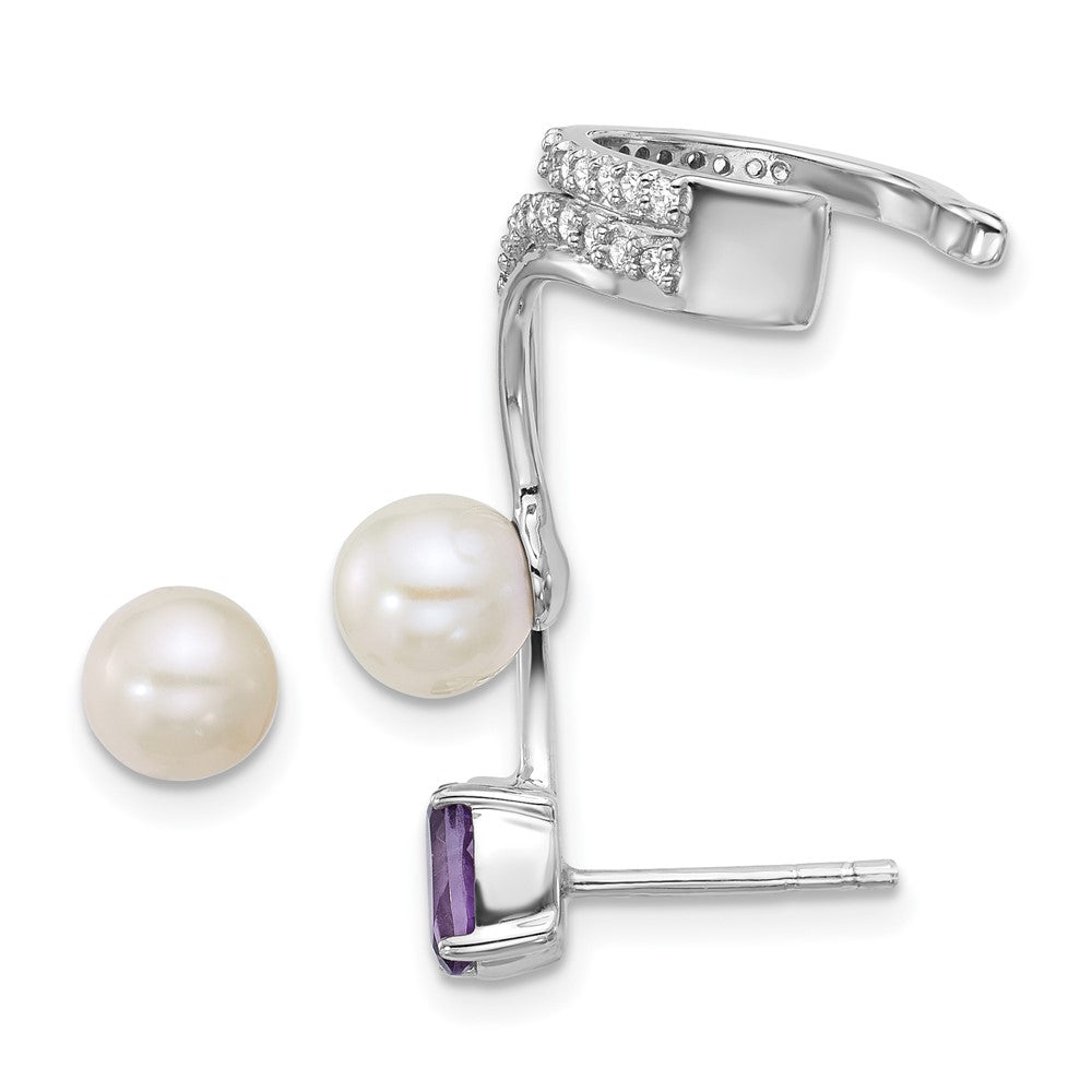 Sterling Silver Rhodium Plated CZ Fwc Pearl Amethyst Post and Cuff Asymmetric Earrings