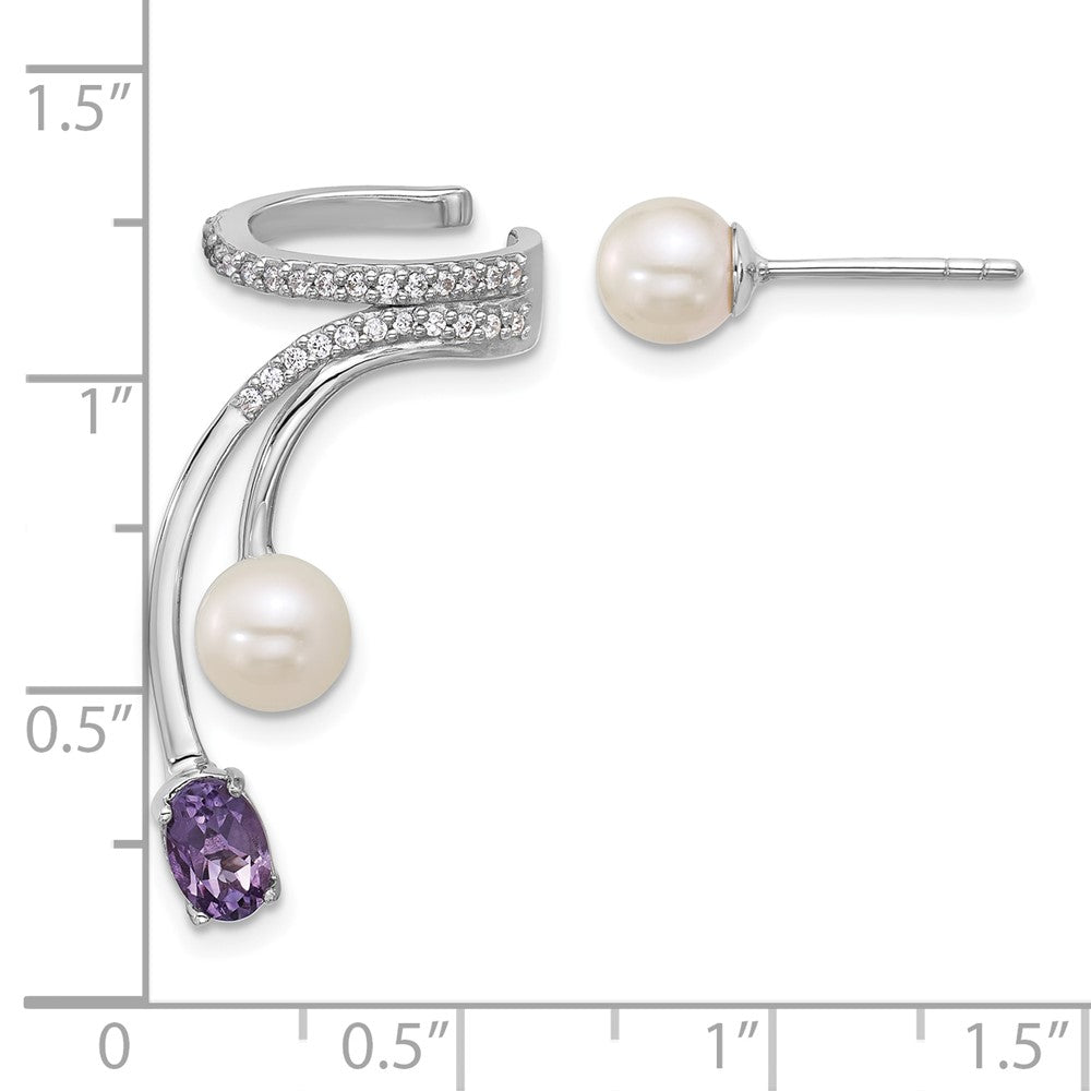 Sterling Silver Rhodium Plated CZ Fwc Pearl Amethyst Post and Cuff Asymmetric Earrings