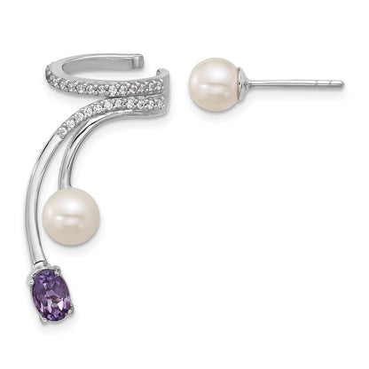 Sterling Silver Rhodium Plated CZ Fwc Pearl Amethyst Post and Cuff Asymmetric Earrings