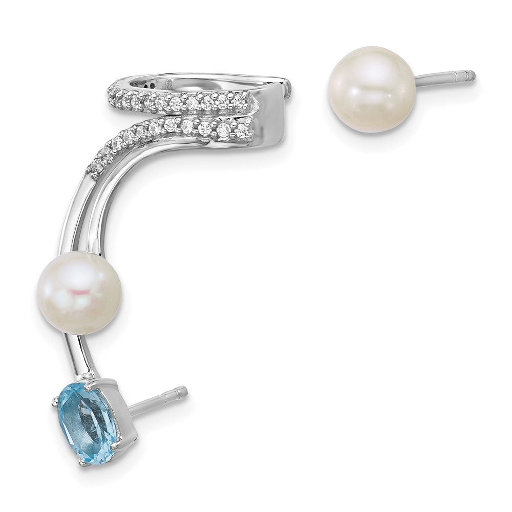 Sterling Silver Rhodium Plated CZ Fwc Pearl Blue Topaz Post and Cuff Asymmetric Earrings