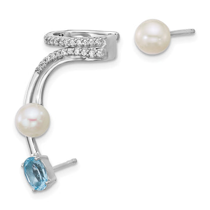 Sterling Silver Rhodium Plated CZ Fwc Pearl Blue Topaz Post and Cuff Asymmetric Earrings