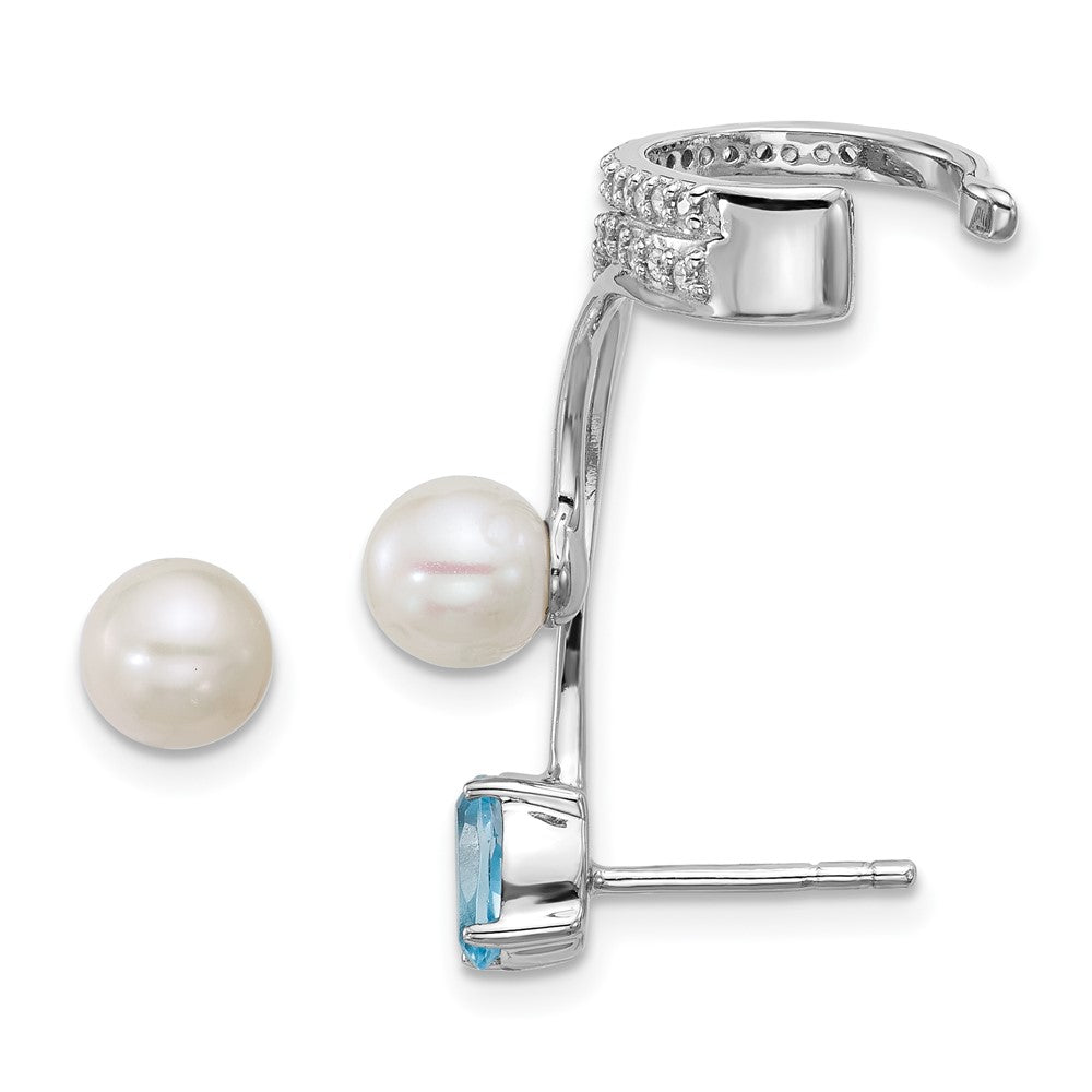 Sterling Silver Rhodium Plated CZ Fwc Pearl Blue Topaz Post and Cuff Asymmetric Earrings