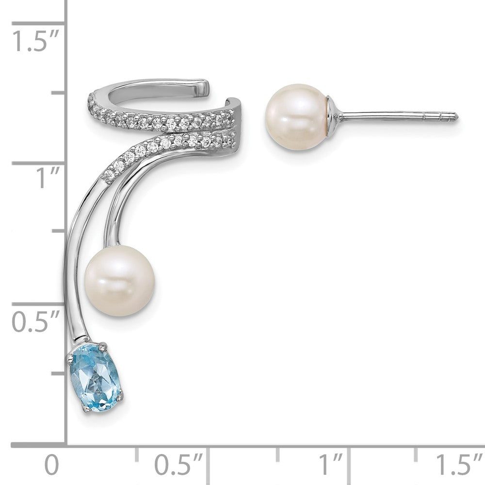 Sterling Silver Rhodium Plated CZ Fwc Pearl Blue Topaz Post and Cuff Asymmetric Earrings
