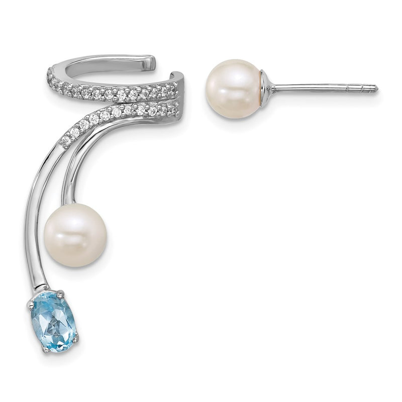 Sterling Silver Rhodium Plated CZ Fwc Pearl Blue Topaz Post and Cuff Asymmetric Earrings