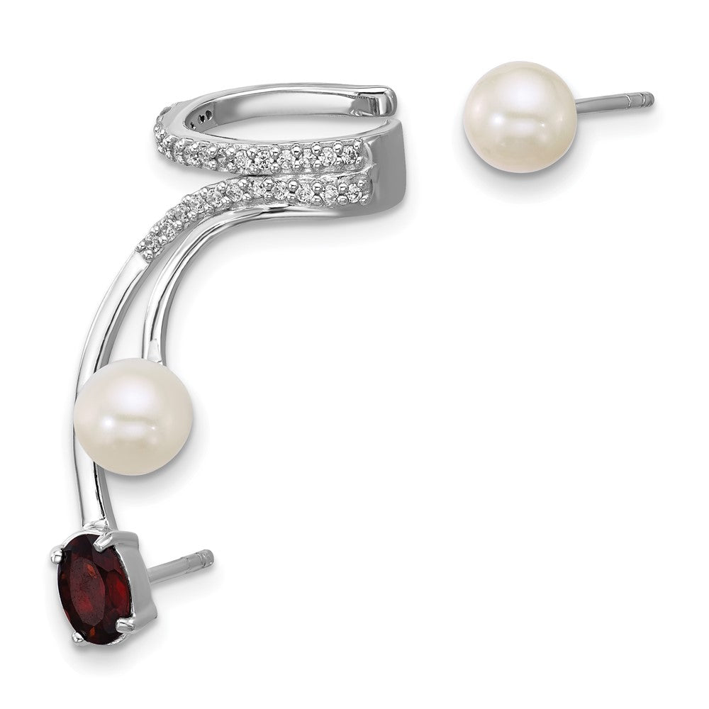 Sterling Silver Rhodium Plated CZ Fwc Pearl Garnet Post and Cuff Asymmetric Earrings