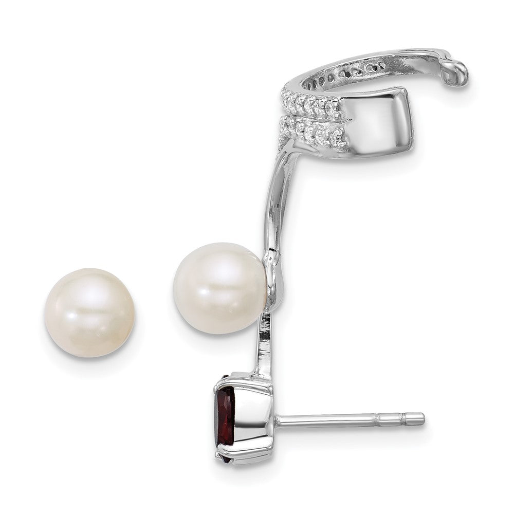 Sterling Silver Rhodium Plated CZ Fwc Pearl Garnet Post and Cuff Asymmetric Earrings