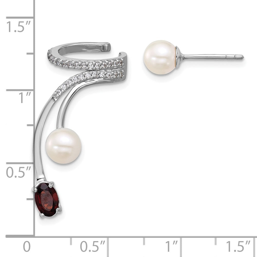 Sterling Silver Rhodium Plated CZ Fwc Pearl Garnet Post and Cuff Asymmetric Earrings