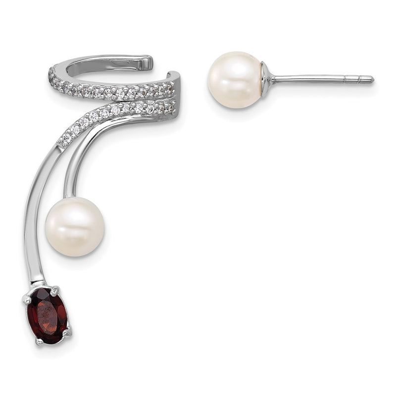 Sterling Silver Rhodium Plated CZ Fwc Pearl Garnet Post and Cuff Asymmetric Earrings