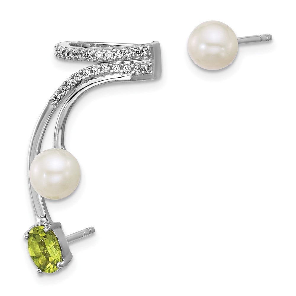 Sterling Silver Rhodium Plated CZ Fwc Pearl Peridot Post and Cuff Asymmetric Earrings