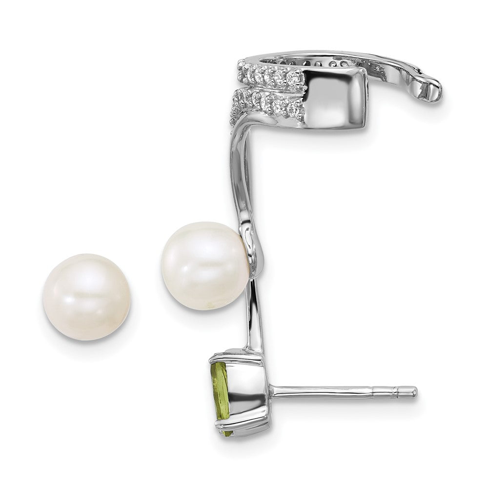 Sterling Silver Rhodium Plated CZ Fwc Pearl Peridot Post and Cuff Asymmetric Earrings