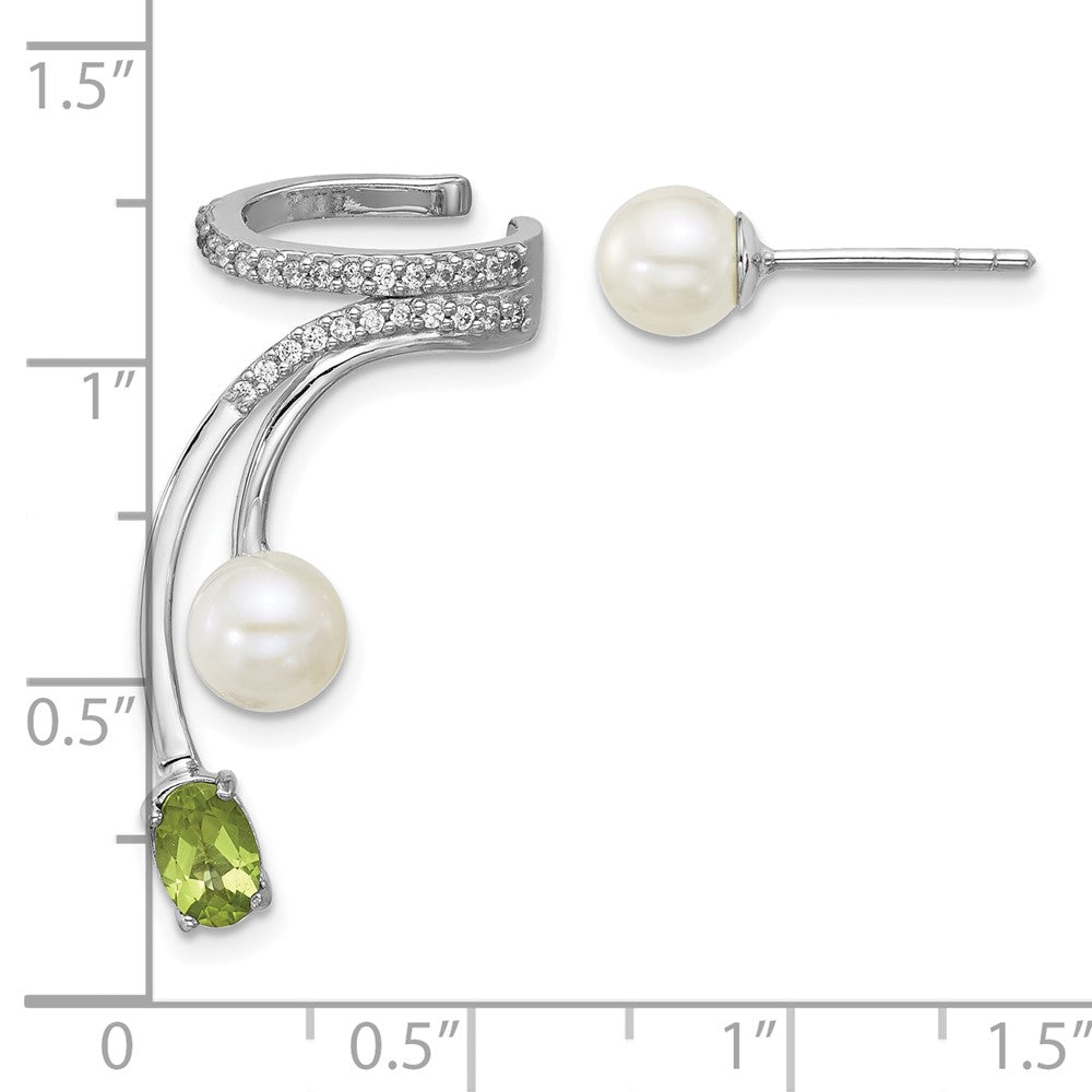 Sterling Silver Rhodium Plated CZ Fwc Pearl Peridot Post and Cuff Asymmetric Earrings