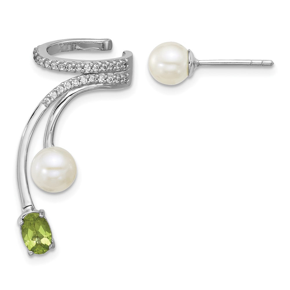 Sterling Silver Rhodium Plated CZ Fwc Pearl Peridot Post and Cuff Asymmetric Earrings