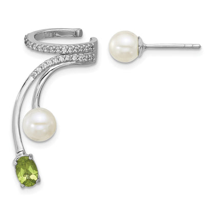 Sterling Silver Rhodium Plated CZ Fwc Pearl Peridot Post and Cuff Asymmetric Earrings