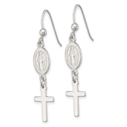 Sterling Silver Polished Miraculous Medal and Cross Dangle Earrings