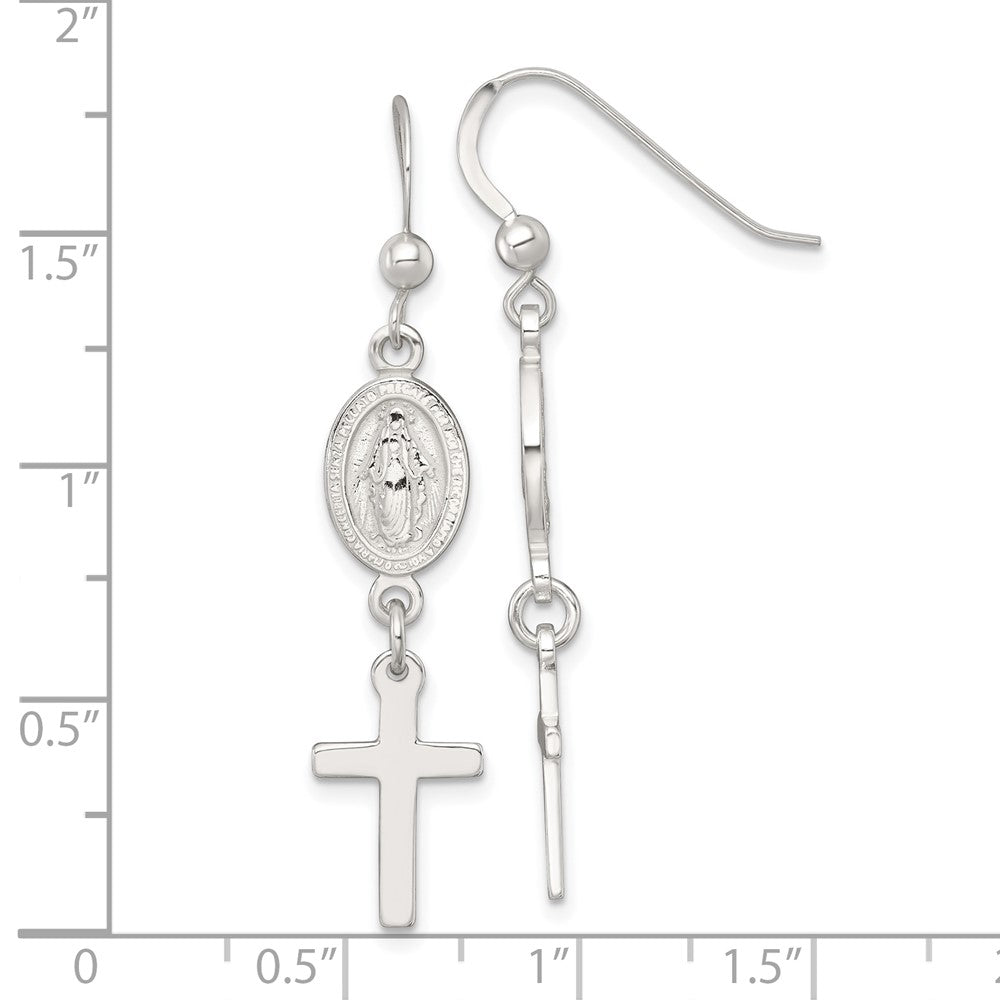 Sterling Silver Polished Miraculous Medal and Cross Dangle Earrings