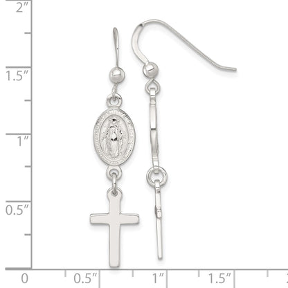 Sterling Silver Polished Miraculous Medal and Cross Dangle Earrings