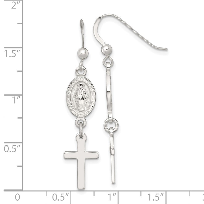 Sterling Silver Polished Miraculous Medal and Cross Dangle Earrings