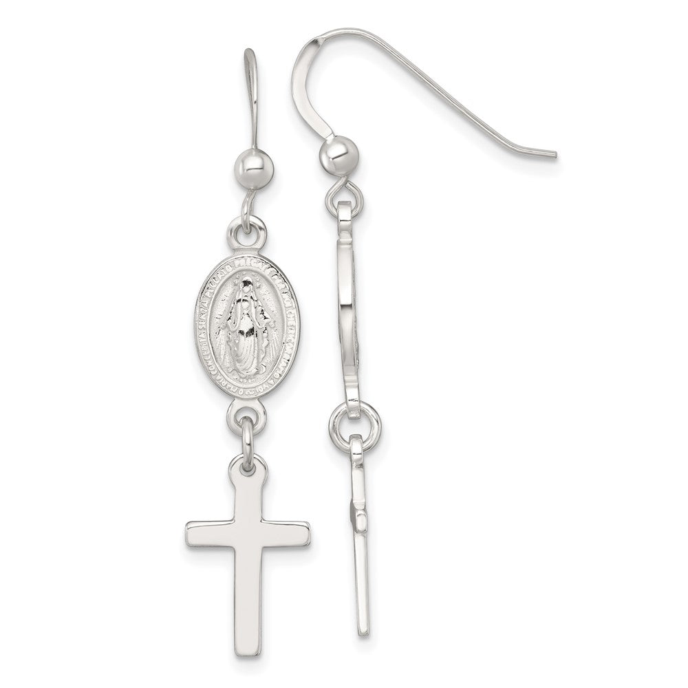 Sterling Silver Polished Miraculous Medal and Cross Dangle Earrings