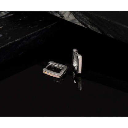 Sterling Silver Rhodium-Plated Created Opal Square Hoop Earrings