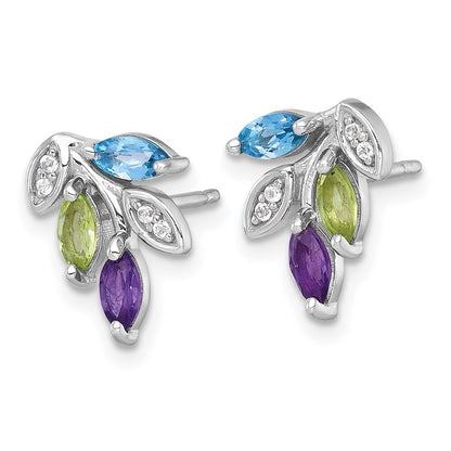 Sterling Silver Rh-Pltd Amethyst/blue White Topaz/peridot Leaf Post Earrings