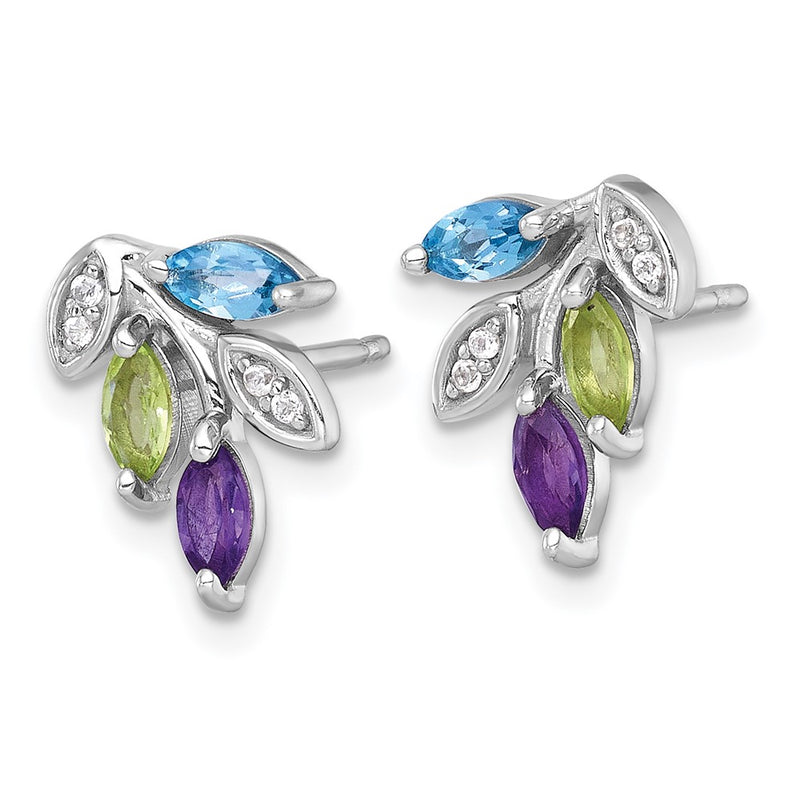 Sterling Silver Rh-Pltd Amethyst/blue White Topaz/peridot Leaf Post Earrings