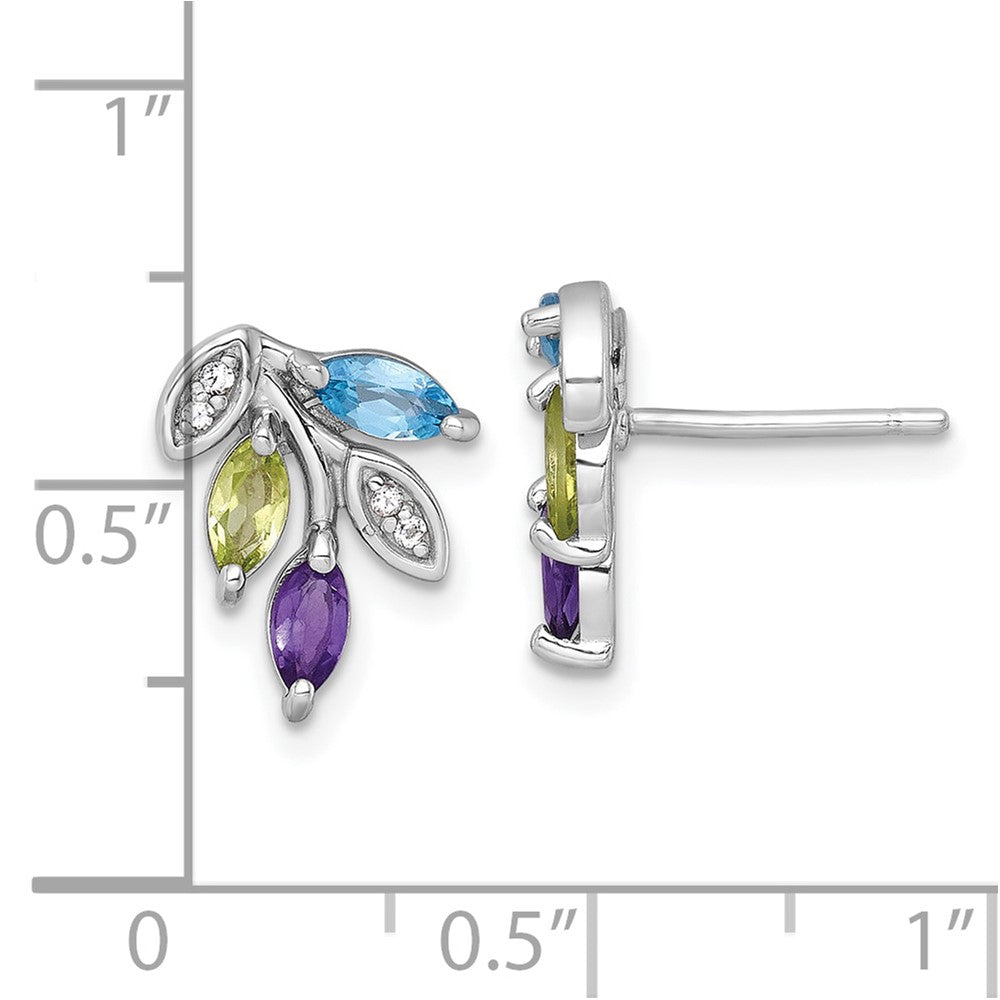 Sterling Silver Rh-Pltd Amethyst/blue White Topaz/peridot Leaf Post Earrings