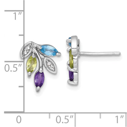 Sterling Silver Rh-Pltd Amethyst/blue White Topaz/peridot Leaf Post Earrings