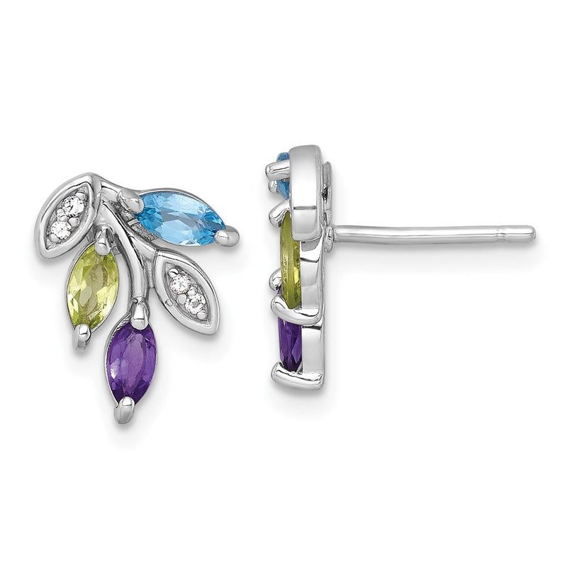 Sterling Silver Rh-Pltd Amethyst/blue White Topaz/peridot Leaf Post Earrings
