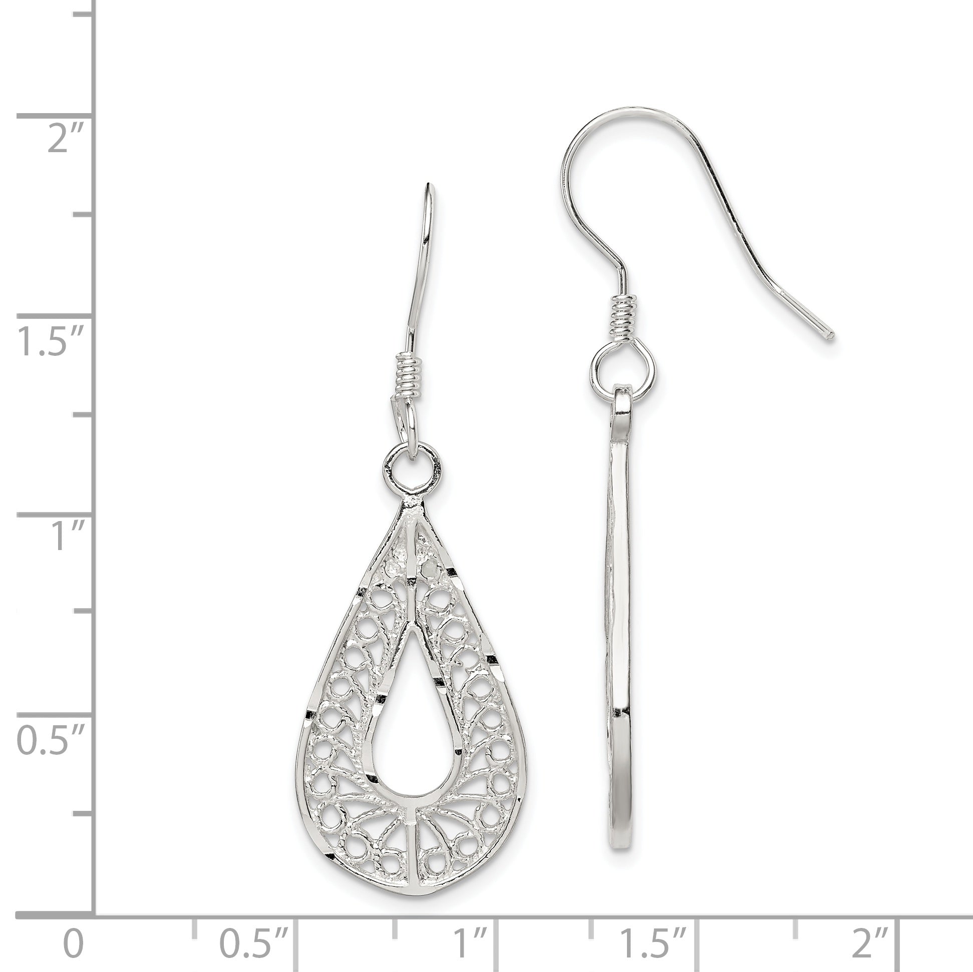 Sterling Silver Polished Textured D/C Filigree Teardrop Dangle Earrings