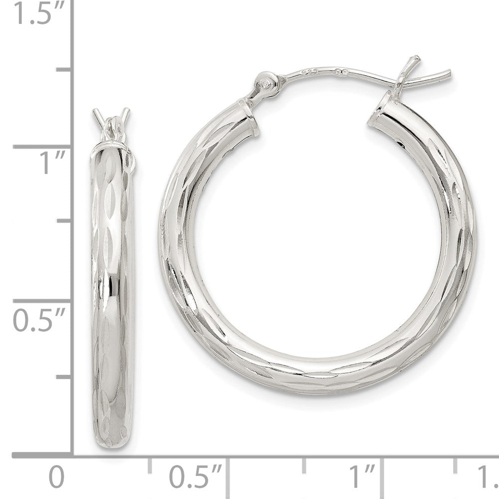 Sterling Silver Diamond-Cut Satin 3X25mm Hoop Earrings