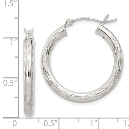 Sterling Silver Diamond-Cut Satin 3X25mm Hoop Earrings