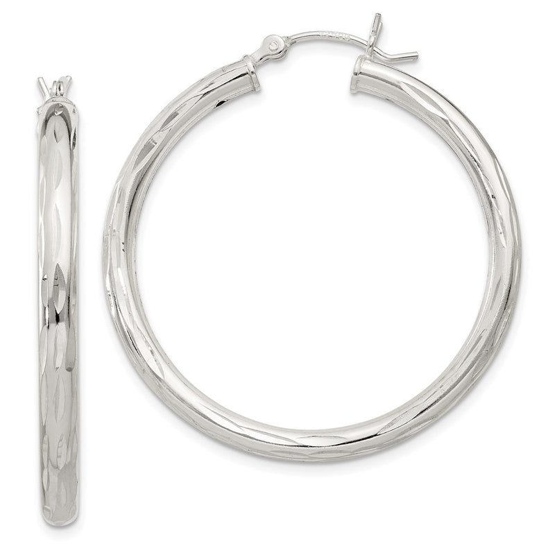 Sterling Silver Diamond-Cut Satin 3X35mm Hoop Earrings