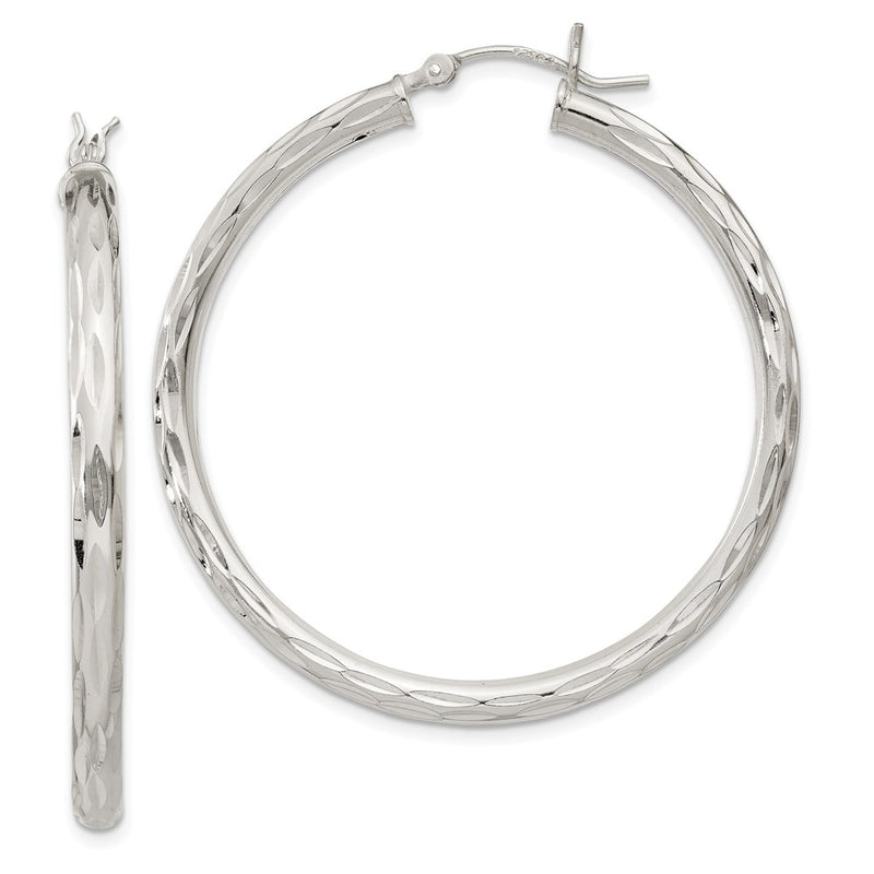 Sterling Silver Diamond-Cut Satin 3X40mm Hoop Earrings