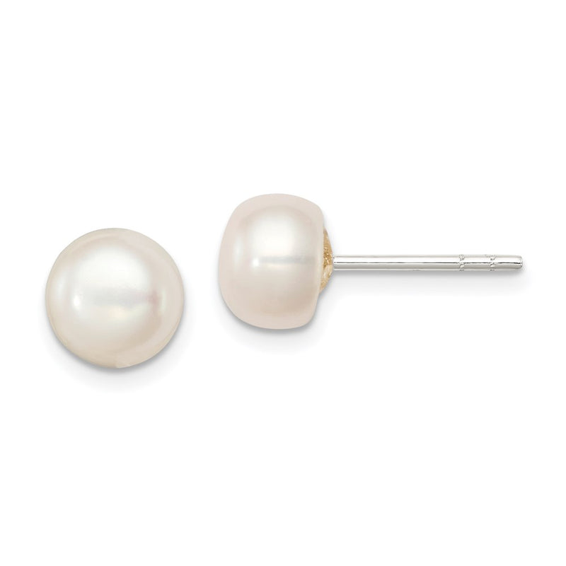 Sterling Silver White Fw Cultured Pearl 7-7.5mm Button Earrings