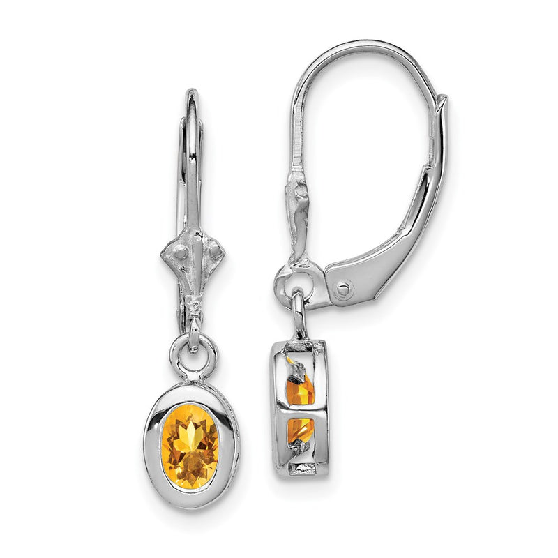 Sterling Silver Rhodium Plated 6X4mm Oval Citrine Leverback Earrings