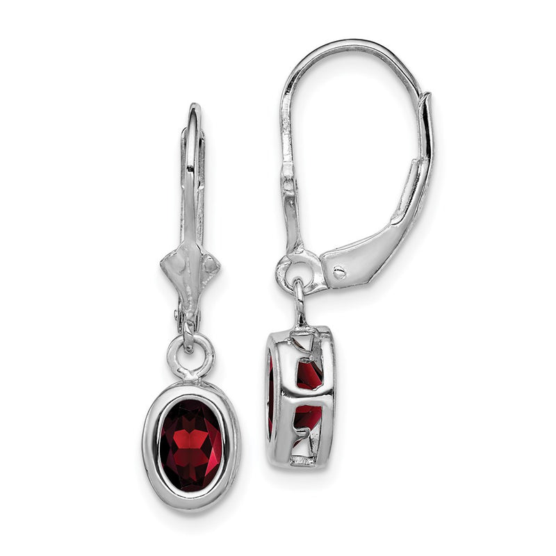 Sterling Silver Rhodium Plated 7X5mm Oval Garnet Leverback Earrings
