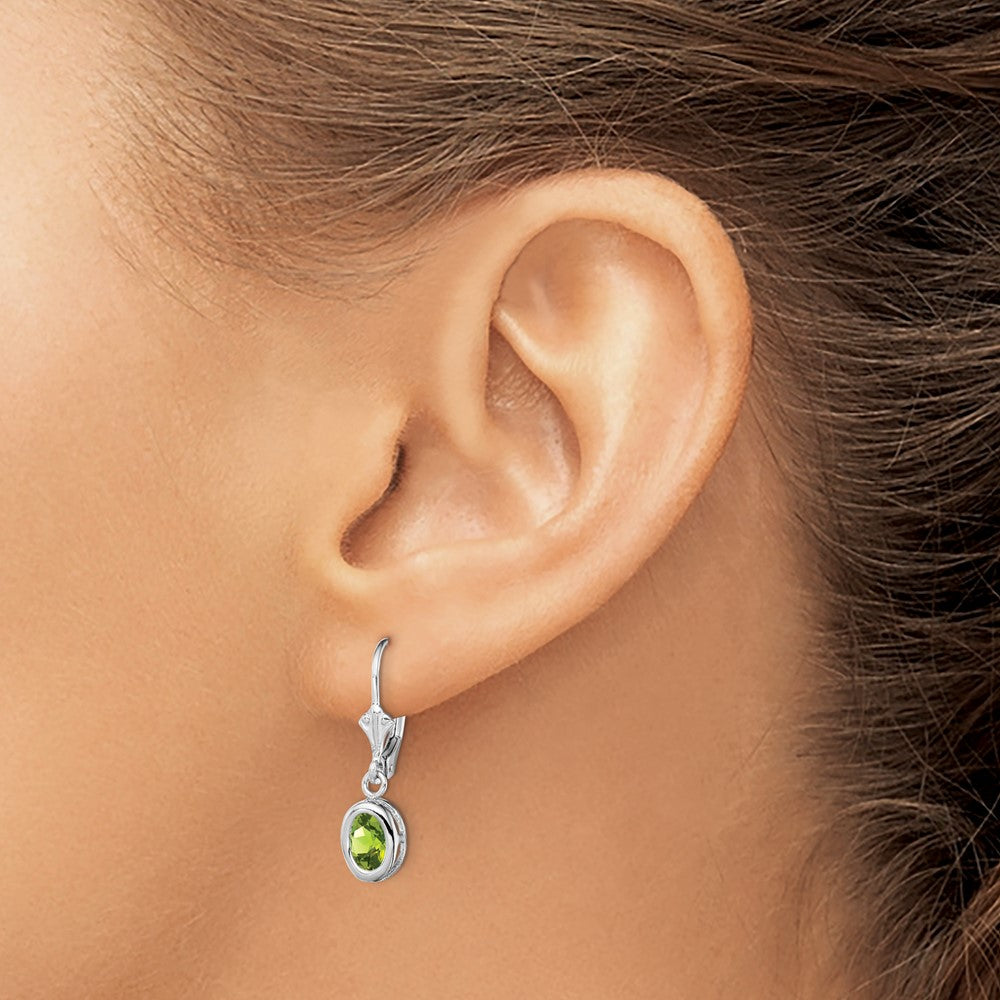 Sterling Silver Rhodium Plated 7X5mm Oval Peridot Leverback Earrings