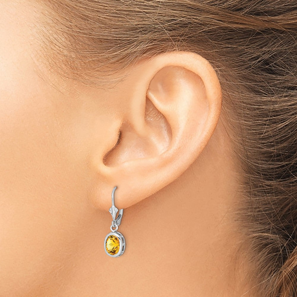 Sterling Silver Rhodium Plated 8X6mm Oval Citrine Leverback Earrings