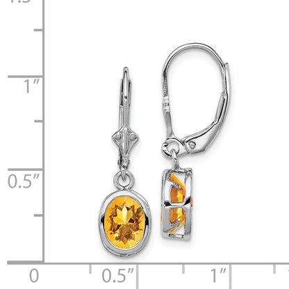 Sterling Silver Rhodium Plated 8X6mm Oval Citrine Leverback Earrings