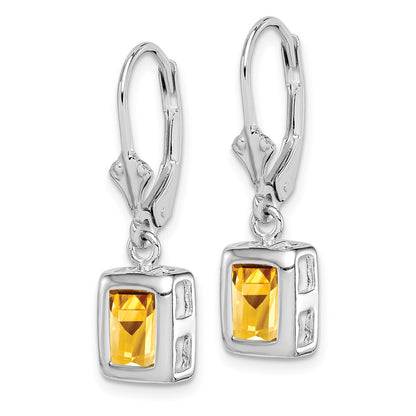 Sterling Silver Rhodium Plated 7X5 Emerald Cut Citrine Leverback Earrings