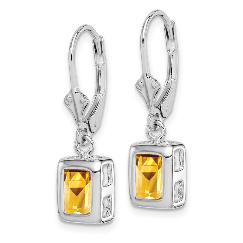 Sterling Silver Rhodium Plated 7X5 Emerald Cut Citrine Leverback Earrings