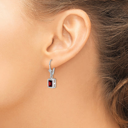 Sterling Silver Rhodium Plated 7X5 Emerald Cut Garnet Leverback Earrings
