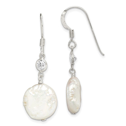 Sterling Silver Polished White 12-13mm Coin Freshwater Cultured Pearl & Cz Dangle Earrings