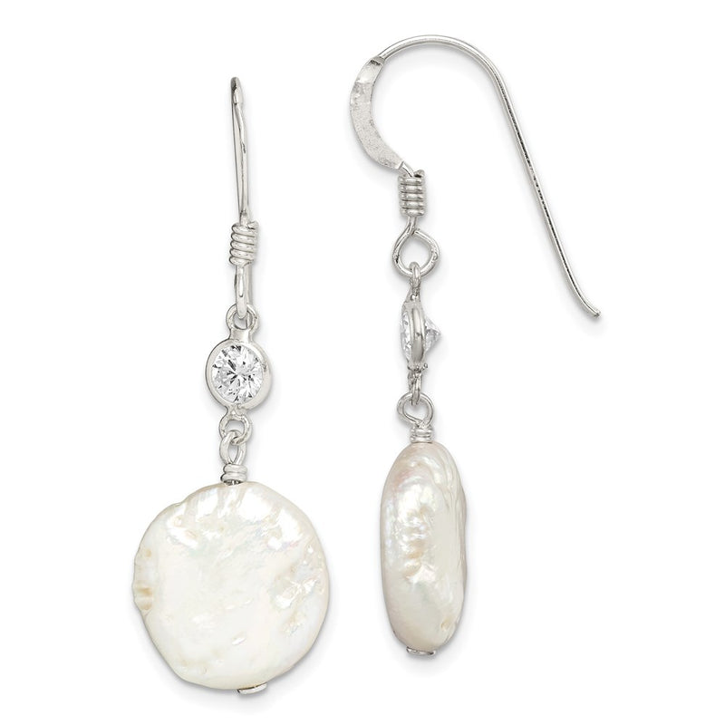 Sterling Silver Polished White 12-13mm Coin Freshwater Cultured Pearl & Cz Dangle Earrings