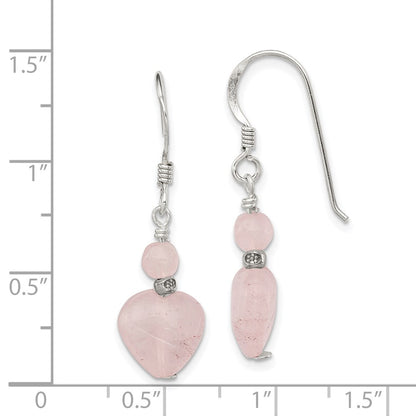 Sterling Silver Polished & Antiqued Rose Quartz Heart Dangle Earrings