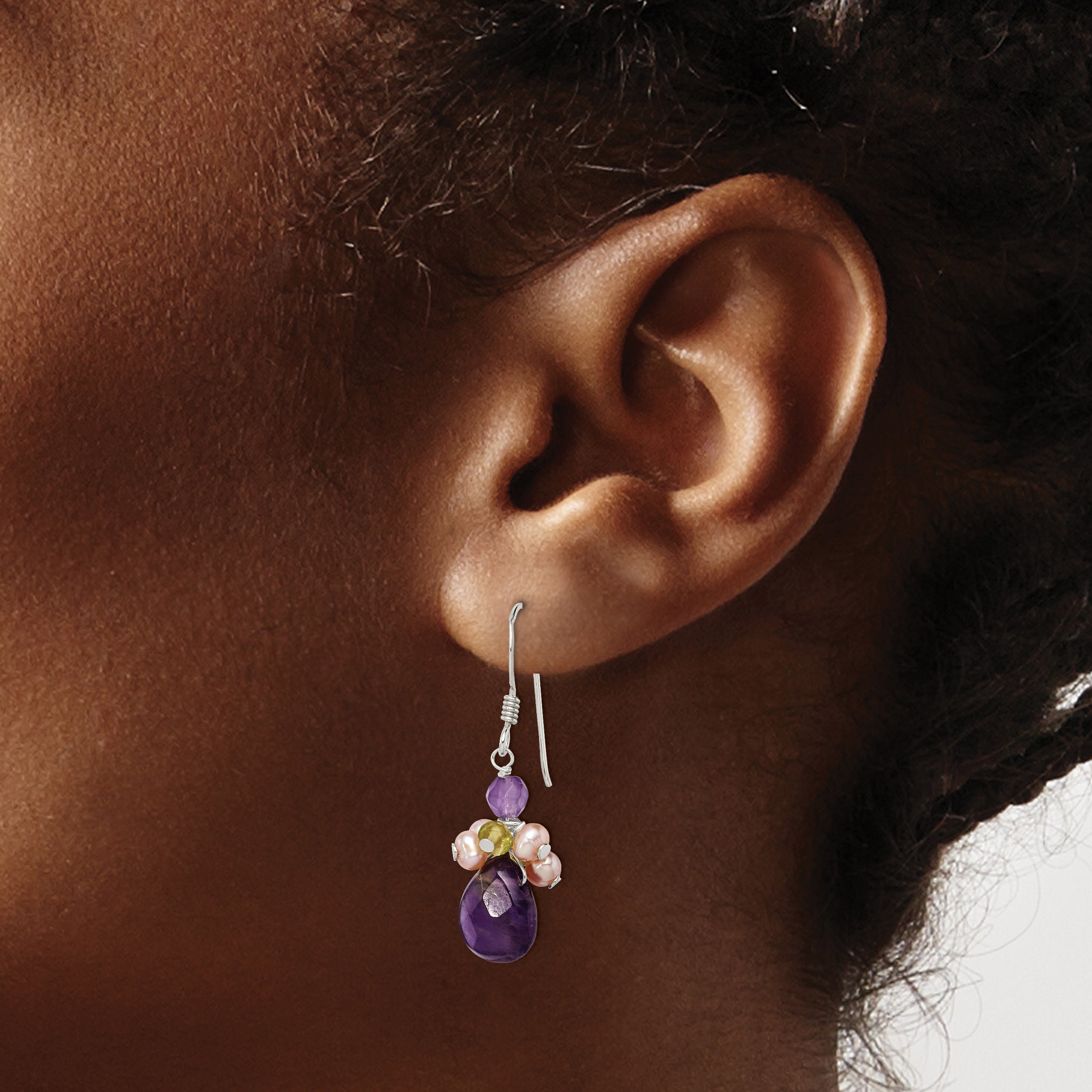 Sterling Silver Amethyst, Peridot & Peach Fwc Pearl Dangle Earrings