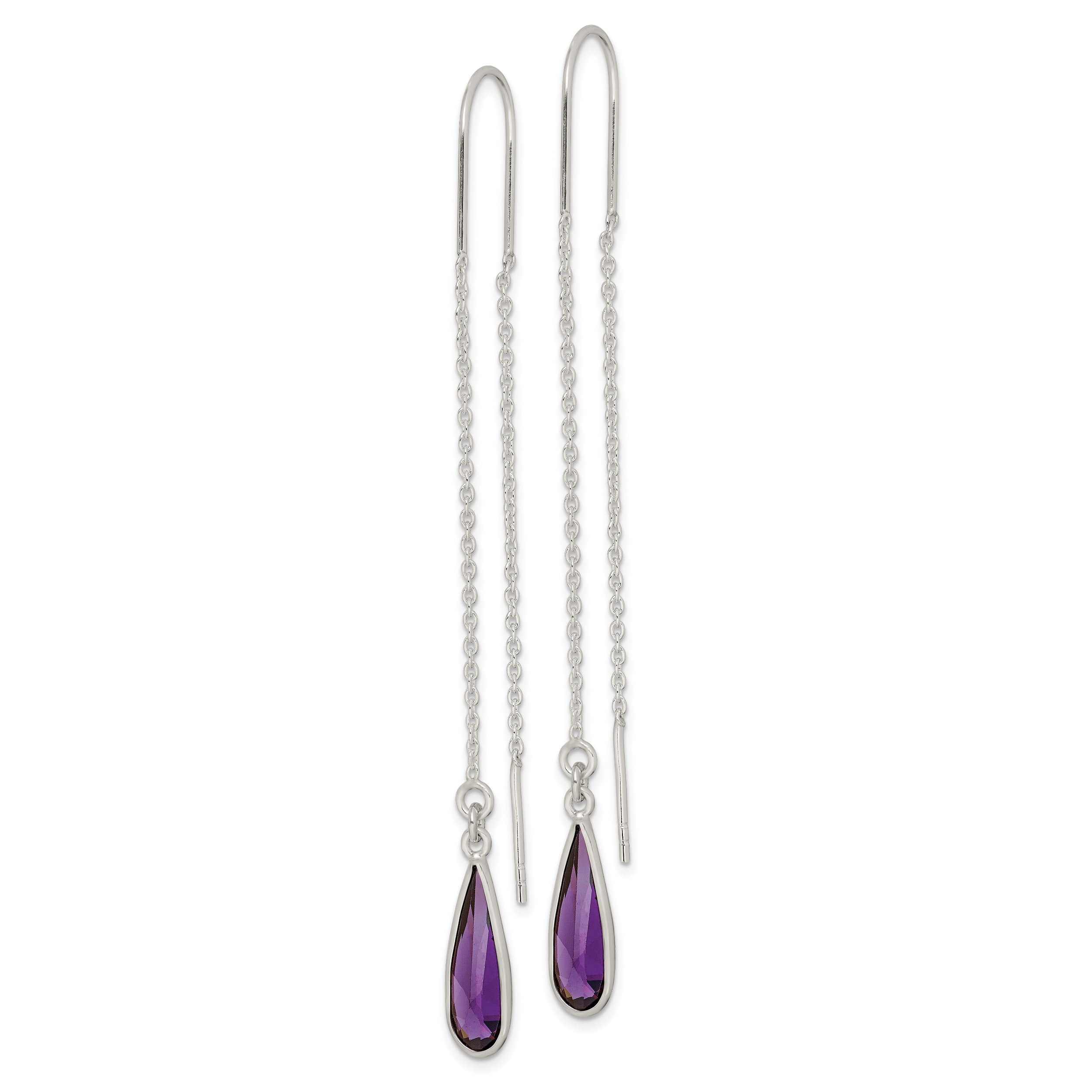 Sterling Silver Polished Purple Cz Teardrop Threader Earrings